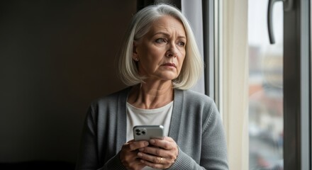Fototapeta premium Elderly woman with gray hair holding a smartphone and looking out of a window with a sad expression