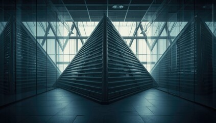 Office interior section with geometric features including louvers and lowered ceiling, designed for architectural display