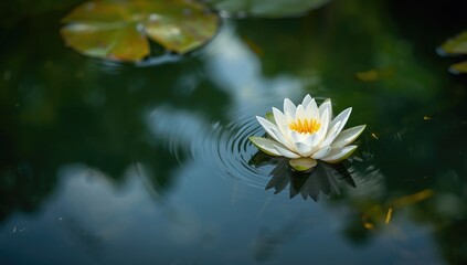 Pond scene featuring a white lotus with yellow pollen, used as a tranquil water plant backdrop