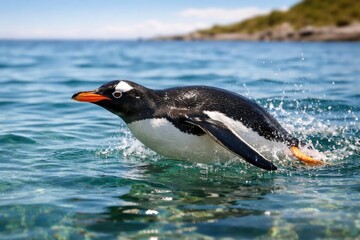 Active gentoo penguin navigating calm ocean waters in summer light