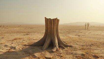 Arid environment featuring a weathered cactus stump and rough terrain, highlighting desert erosion risks