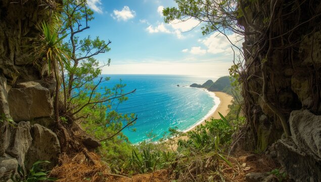 Galheta trail in Bombinhas, Santa Catarina state, Brazil, rocky shoreline with trees, suitable for eco-tourism activities