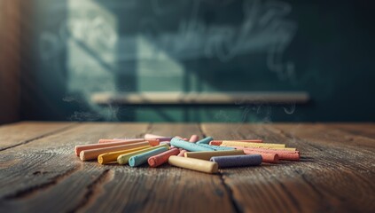 Chalk pieces on school table adjacent to blackboard, emphasizing instructional materials for teaching or learning purposes