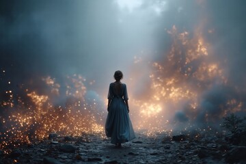 A woman in a long blue dress standing in front of a cloudy sky