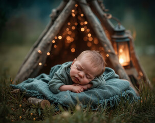 A baby sleeping in a teepee with a lantern in the background