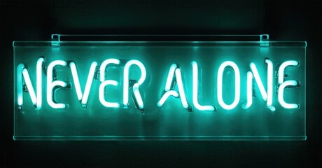 Bright turquoise neon sign displays words Never Alone. Dark background emphasizes glowing text. Simple, modern aesthetic. Positive message.