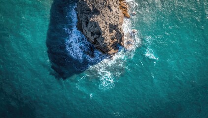 Seaside rocky formation with crashing waves, highlighting coastal erosion, viewed from above, ocean shoreline scene