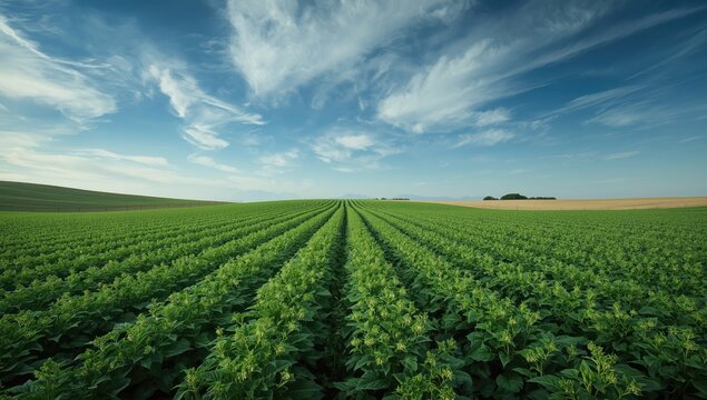 Green alfalfa crops in a rural farm setting with clear sky, highlighting sustainable agriculture practices