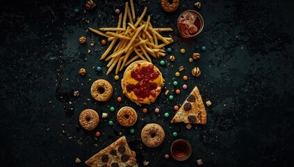 Fast food meal featuring fries and soda on a dark surface, emphasizing processed ingredients and health considerations, World Food Day