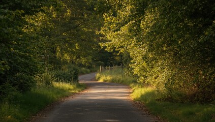 A curving lane bordered by tall leafy trees, highlighting natural roadside vegetation, Earth Day