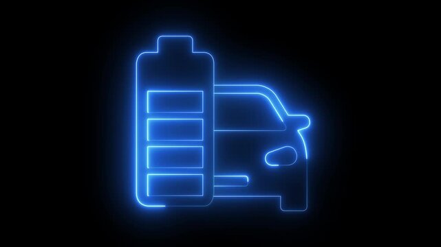 Glowing neon car battery icon isolated on black background. Rechargeable battery. Accumulator battery energy power and electricity. depicting a car battery icon animation. 4k video animation.