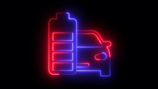 Glowing neon car battery icon isolated on black background. Rechargeable battery. Accumulator battery energy power and electricity. depicting a car battery icon animation. 4k video animation.