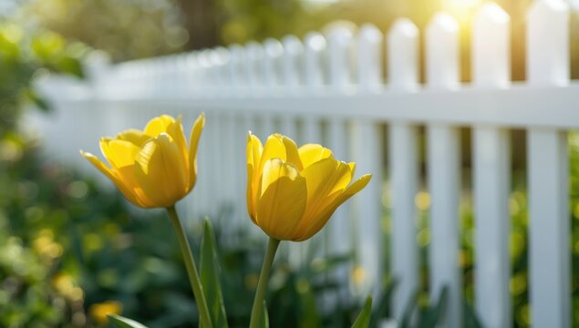 Yellow tulips in bloom against a white picket fence, illustrating springtime plant development