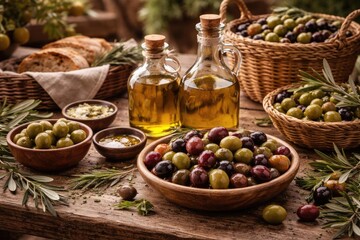 Inviting rustic wooden table scene with bottled olive oil and an assortment of olives and market baskets