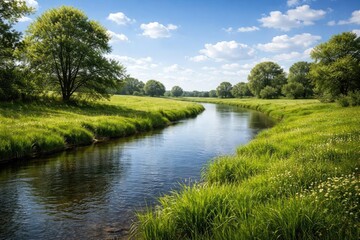 Quiet river flowing beside a flourishing green grassy plain