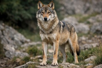 Fototapeta premium Italian subspecies of wolf standing tall with focused expression