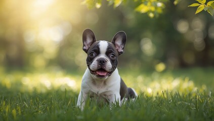 French bulldog resting on grass amidst open natural surroundings, highlighting outdoor tranquility