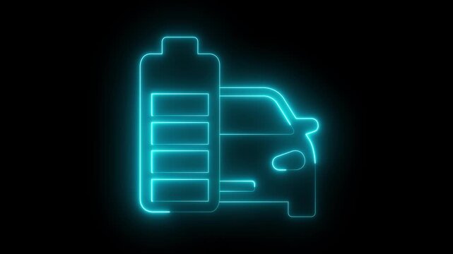 Glowing neon car battery icon isolated on black background. Rechargeable battery. Accumulator battery energy power and electricity. depicting a car battery icon animation. 4k video animation.