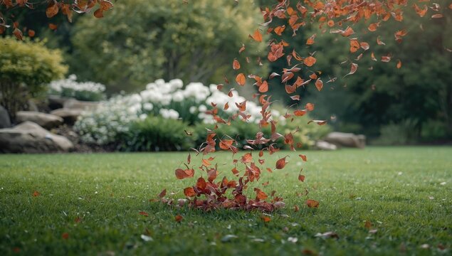 Fallen dry leaves blown across pavement by wind in a park setting, seasonal change, Earth Day - Powered by Adobe