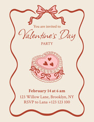 Vintage Valentine's Day party invitation template with an elegant, coquette style. Retro vector card featuring a cake with bows and hearts in a doodle style. Frame of bows and ribbons.