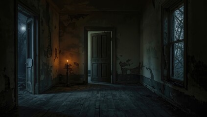 A spooky residence with dark shadows and eerie lighting, highlighting horror elements for a Halloween setting