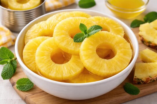 Fresh bowl presentation of sweet canned pineapple slices