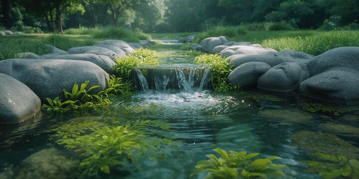 Seaweed and green algae in a small saltwater waterfall, highlighting aquatic plant life and natural scenery
