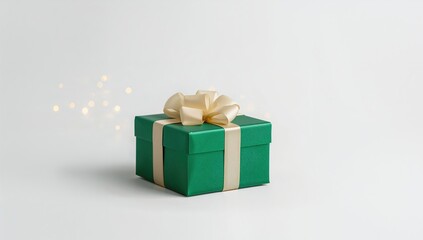 Obraz premium Green gift box with ribbon and bow on a white background, suitable for festive gift presentation