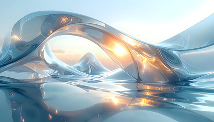 Fototapeta premium Transparent Waveform with Mountain Reflection in Soft Golden Lighting on Abstract Water Surface for Digital Art