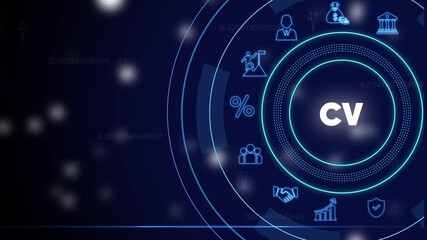 C V resume and symbols on dark blue background with neon blue and white text for business and finance concepts