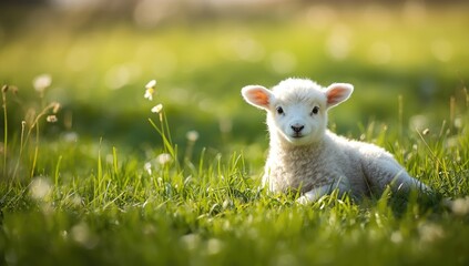 Obraz premium Young lamb lying on lush grass, highlighting fiber-dense grazing, Earth Day