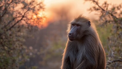 Hamadryas baboon resting on rocky terrain, focus on social structure in wildlife photography