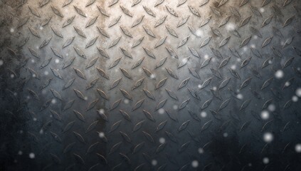 Detailed view of a rugged, metal diamond plate surface with raised pattern and signs of wear, ideal for industrial design