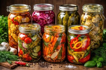 Colorful array of marinated vegetables in sealed jars emphasizing unique pickling styles
