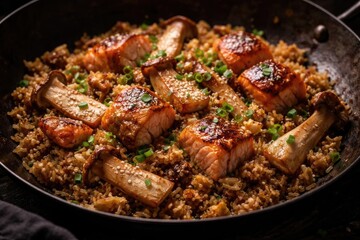 Fototapeta premium Gourmet fried rice combining salmon pieces and king oyster mushrooms
