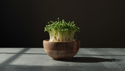 Indoor green onion sprouting against dark backdrop, suitable for fresh vegan ingredient display