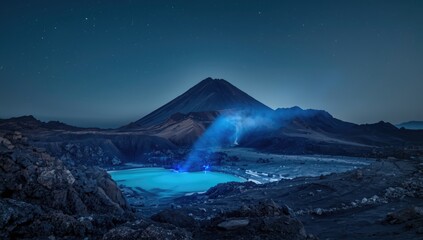 Ijen Volcano showing blue fire and vibrant lake in East Java, highlighting geothermal phenomena and mineral richness, Earth Day
