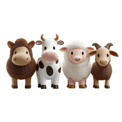 Four Cartoon Farm Animals sheep isolated on a transparent background