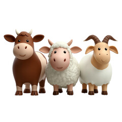 Fototapeta premium Three Cartoon Farm Animals sheep isolated on a transparent background