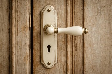 Obraz premium Cream door handle tightly secured on aged wooden surface