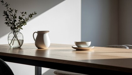 Obraz premium シンプルな食器と自然素材のテーブルの静物構成｜Minimalist Tableware and Natural Table Still Life 