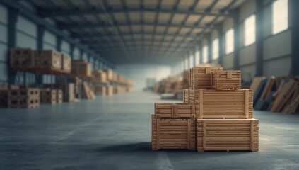 Out-of-focus warehouse with storage aisles filled with construction supplies, used as a backdrop for logistics planning