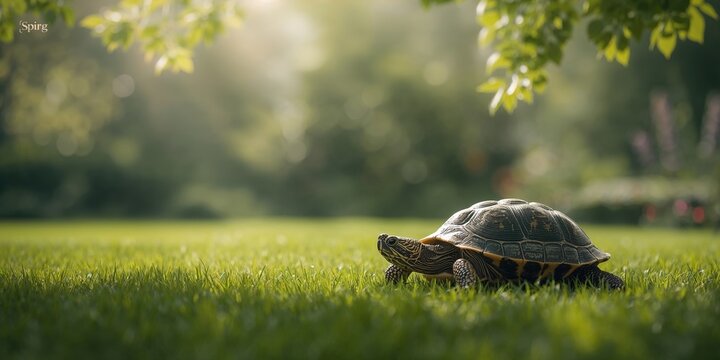 Snapping turtle on a lush grass patch, natural habitat for nesting, Earth Day