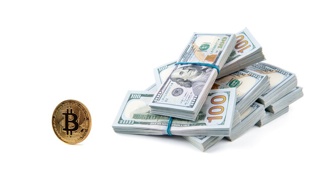 Gold bitcoin coin of dollar bills isolated on white background cryptocurrency mining concept. - Powered by Adobe