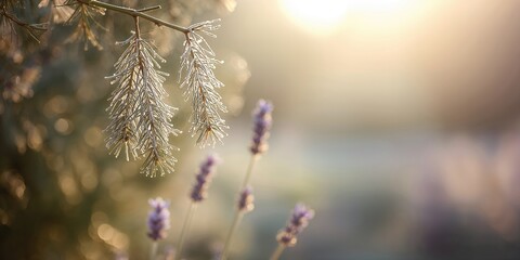 Sunlit frosted pine branches, highlighting winter landscape and natural preservation
