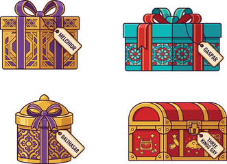 Three Kings Day Ornate Royal Gift Boxes Middle Eastern Decorative Pattern Vector Icons