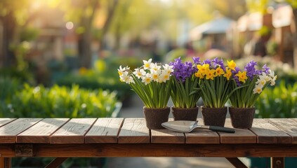Gardening scene with potted plants and flowers, tools on wooden stand for planting activity, World Gardening Day