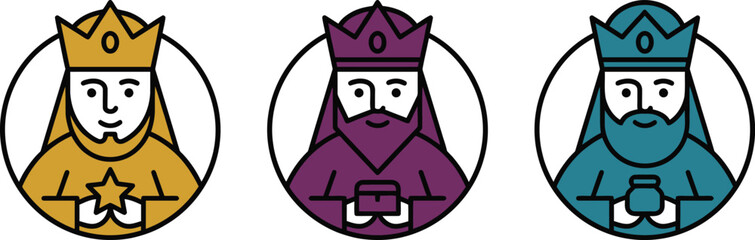  Three Wise Men Magi Kings Epiphany Portrait Icons Crown Robes Flat Vector Illustration Set