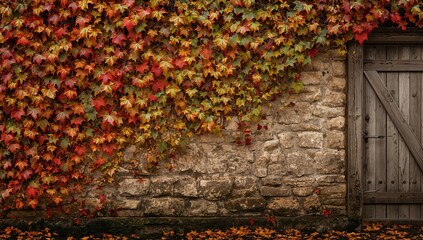 Obraz premium Vivid autumn ivy climbing a surface, highlighting seasonal foliage in fall
