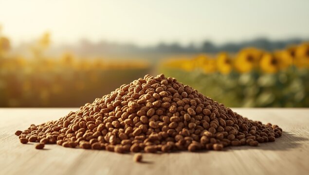 Sunflower meal pellet used as a plant-based fertilizer, supporting soil enrichment